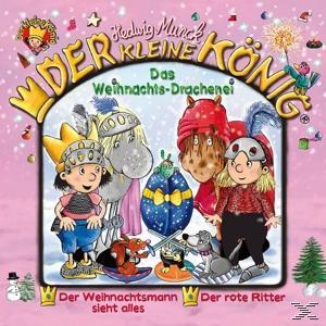 Cartoon-Buchcover: 'Der kleine König' mit König, Rittern, Hunden und Weihnachtsmotiv.