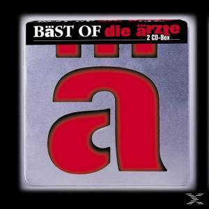 Albumcover. Roter Buchstabe 'a' auf einem silbernen Quadrat. Text 'BÄST OF die ärzte' und '2 CD-Box'.