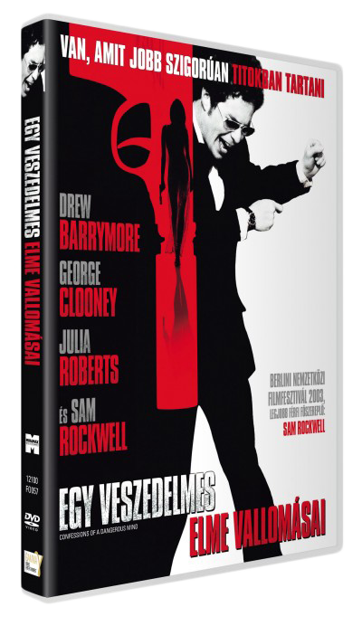 Filmborító: George Clooney és Sam Rockwell, piros-fehér design, fekete cím.