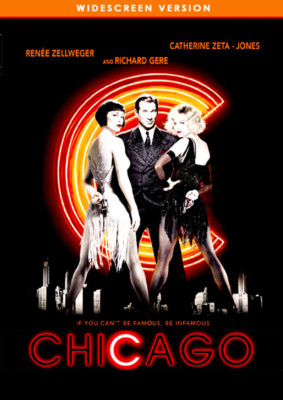 Chicago filmplakát. Két nő és egy férfi, neonfények, városkép. Cím: Chicago.