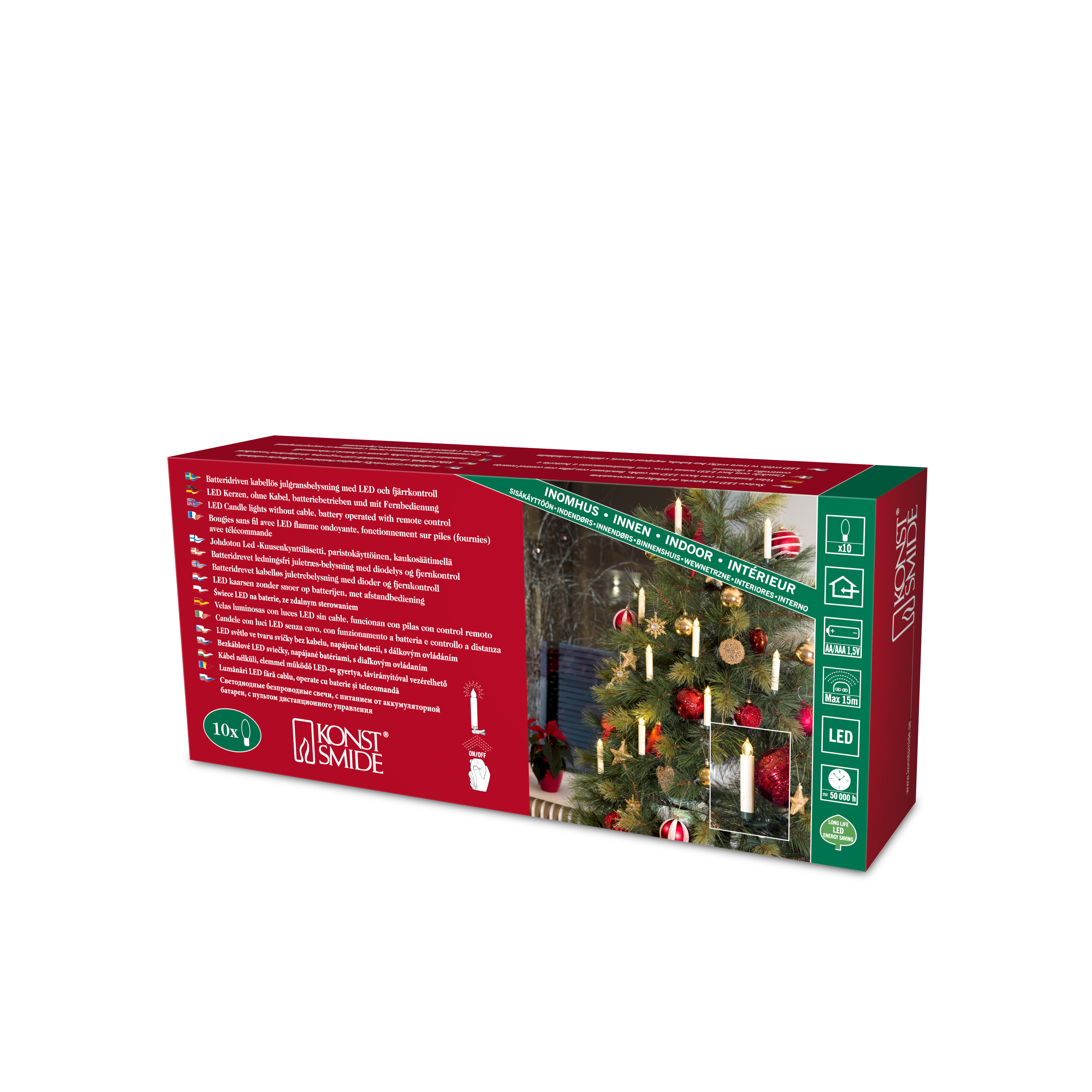 Weihnachtskerzen in einer Box mit Weihnachtsbaum-Bild und Text auf der Vorderseite.