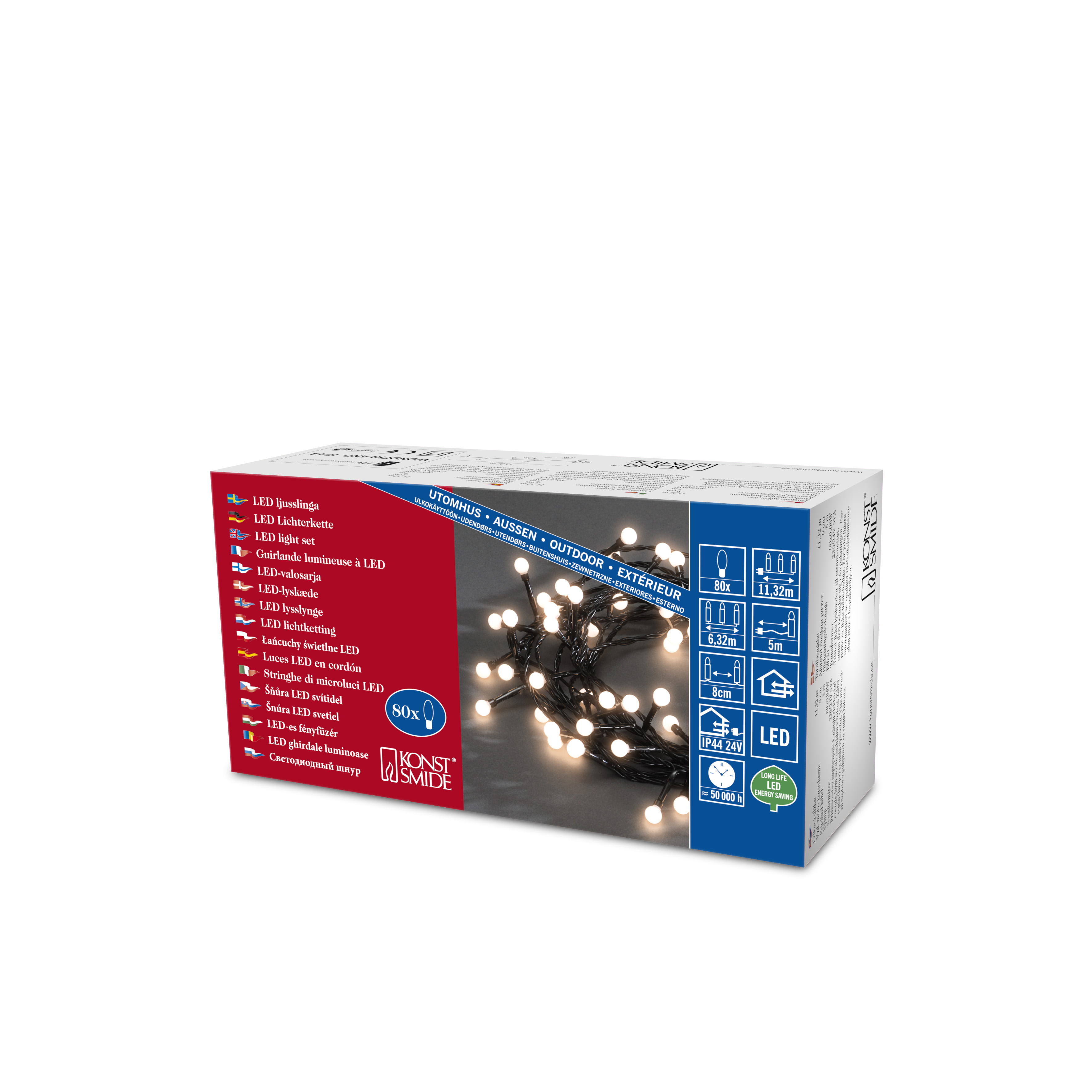 Eine Box mit LED-Lichtern, mit Glühbirnen auf dunklem Hintergrund, 80 Lichter, für den Außenbereich.