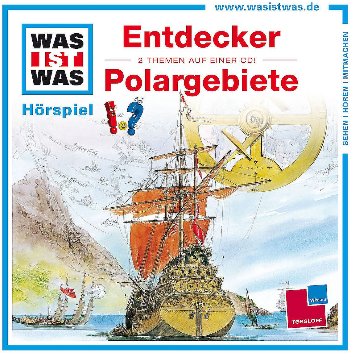 CD-Cover mit Schiff, Zeichnungsstil, Text über Polarregionen und einem Kompass.