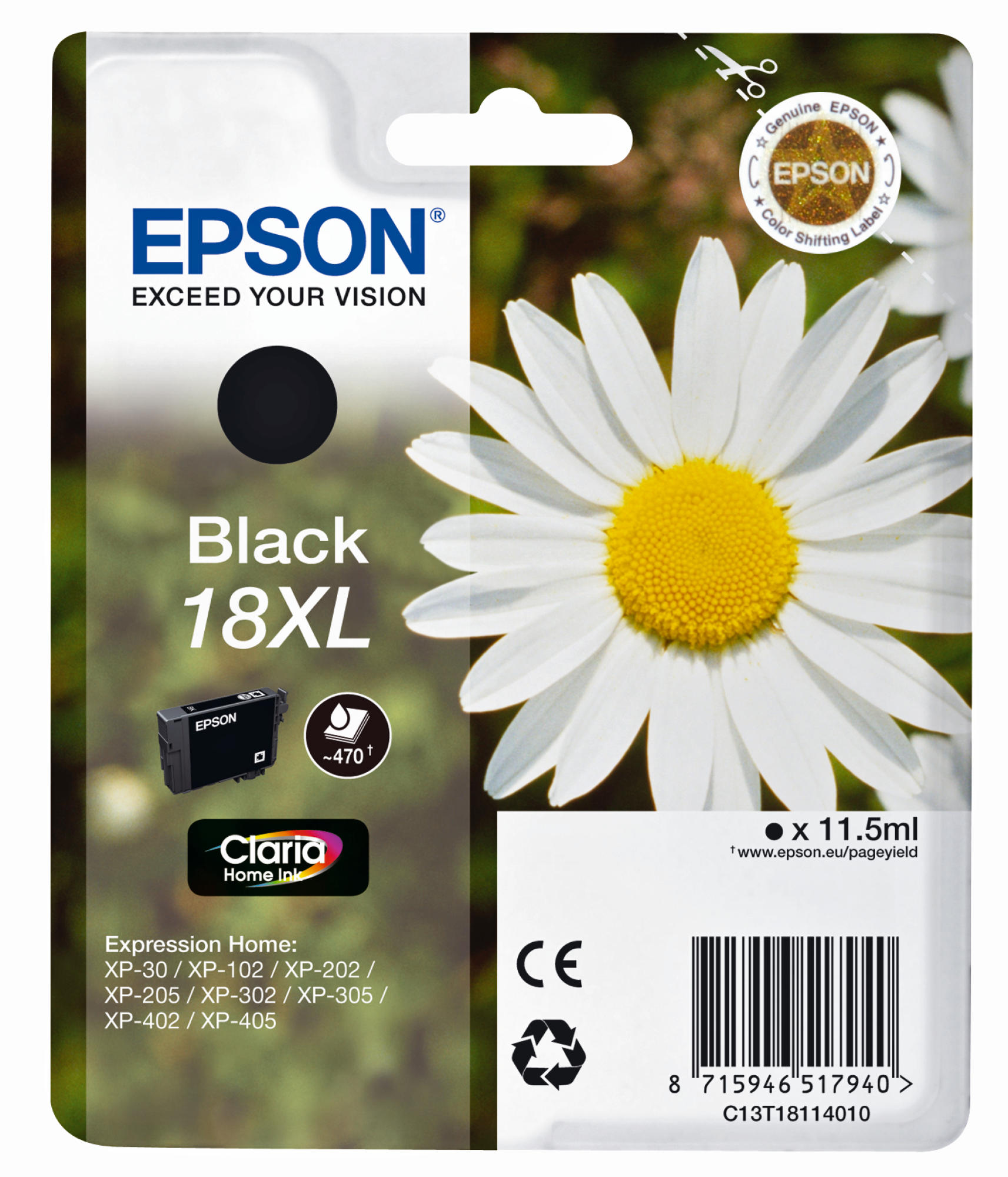 Epson Tintenpatronenverpackung mit Gänseblümchen und schwarzem Tintenpunkt.