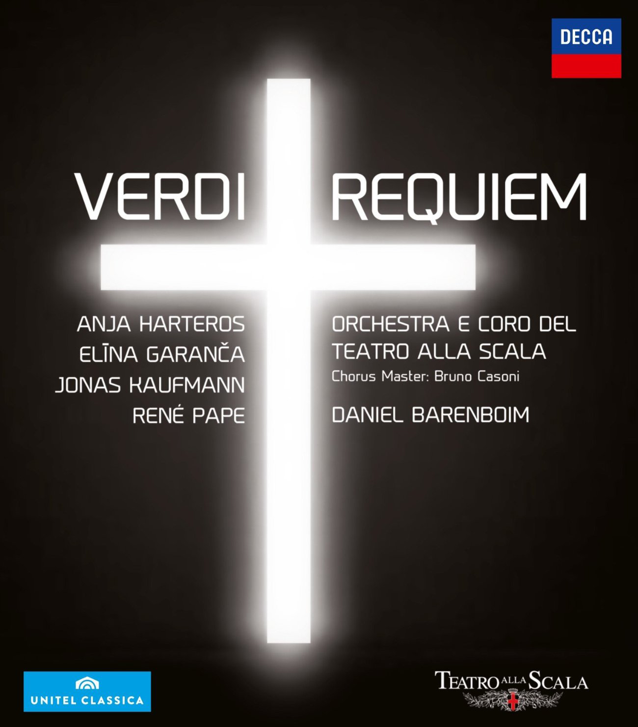 Albumcover mit hellem weißen Kreuz, Titel Verdi Requiem. Namen der Musiker und des Orchesters sind unten aufgeführt.