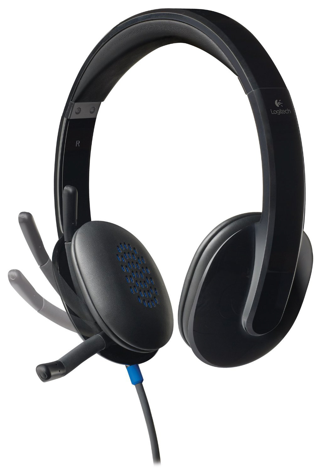 Mikrofonlu siyah Logitech kulaklık. Mikrofon ayarlanabilir ve açılıdır.