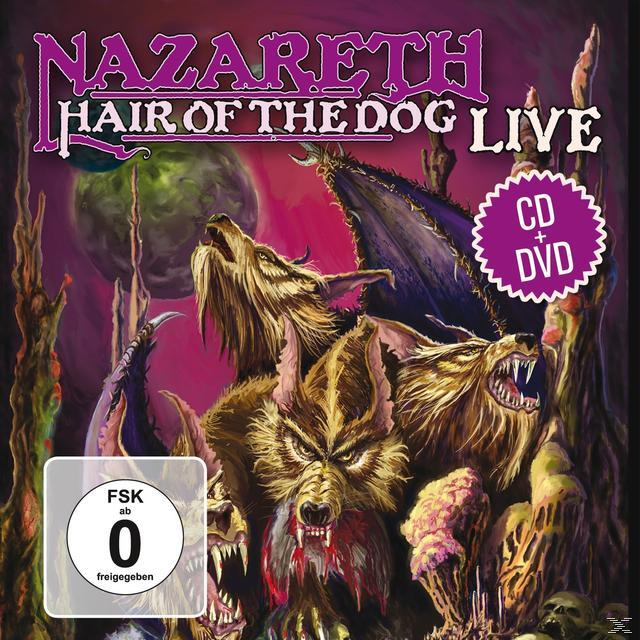 Albumcover: "Hair of the Dog Live" von Nazareth, mit Bandlogo und roter, cartoonhafter Hundeillustration.