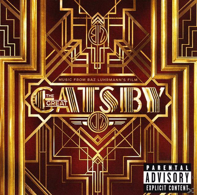 Das Great Gatsby Albumcover, Art-Deco-Stil, Gold- und Rottöne.