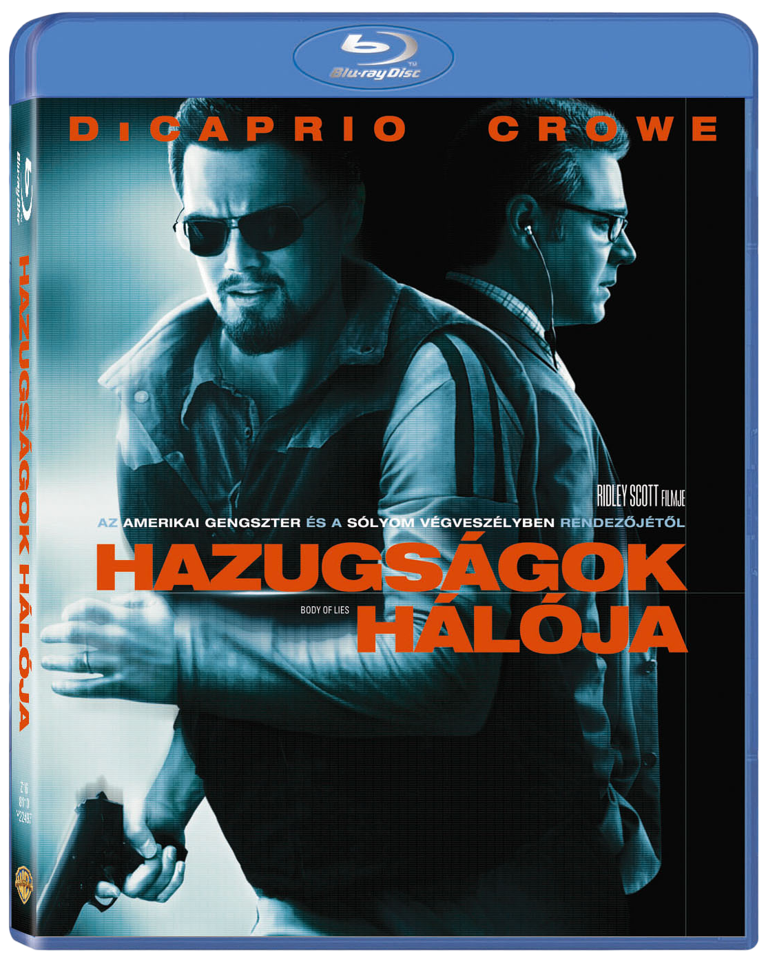 A Body of Lies Blu-ray borítója, DiCaprióval és Crowe-val. Kék és fekete színvilág, szöveg overlay-vel.