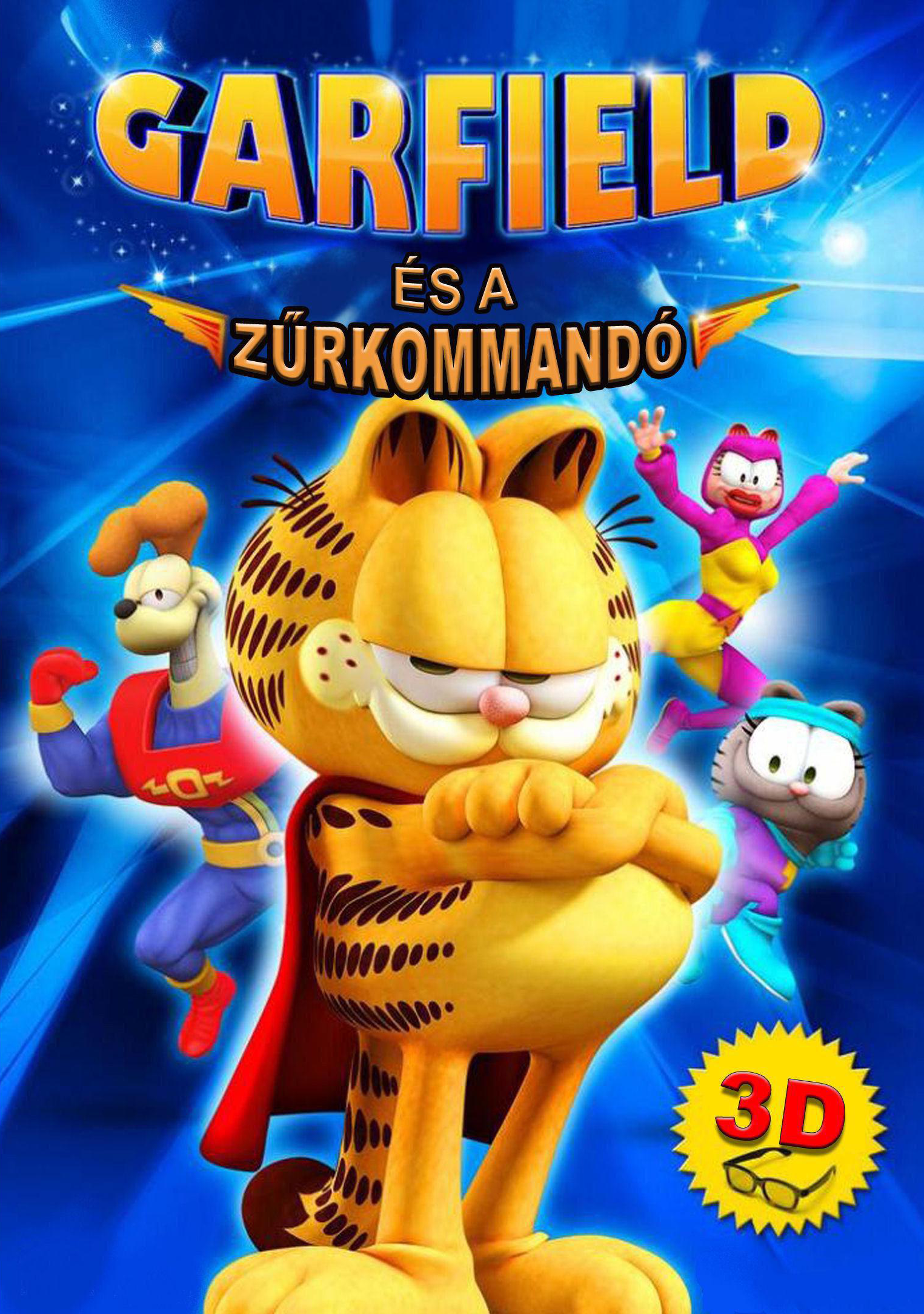 DVD borító: Garfield és a Z űrkaland. Garfield középen, más rajzfilmfigurákkal. Kék háttér, 3D szemüveg.