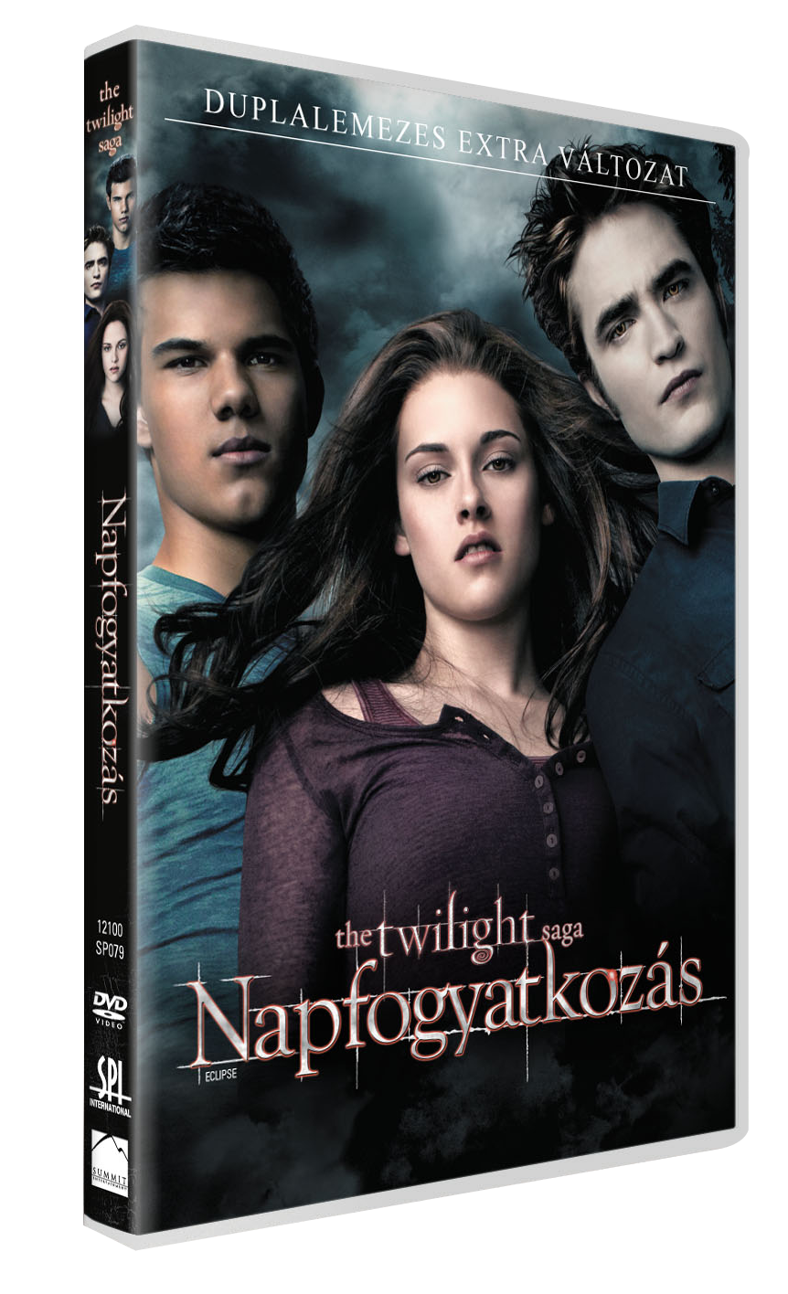 Twilight Saga: Eclipse DVD borító. Bella, Edward és Jacob látható. A cím látható.
