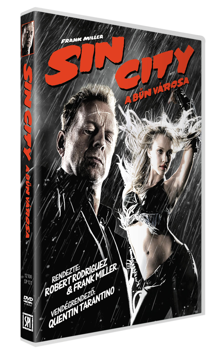 Sin City DVD borítója. Bruce Willis és egy nő esős háttér előtt. Cím: Sin City.