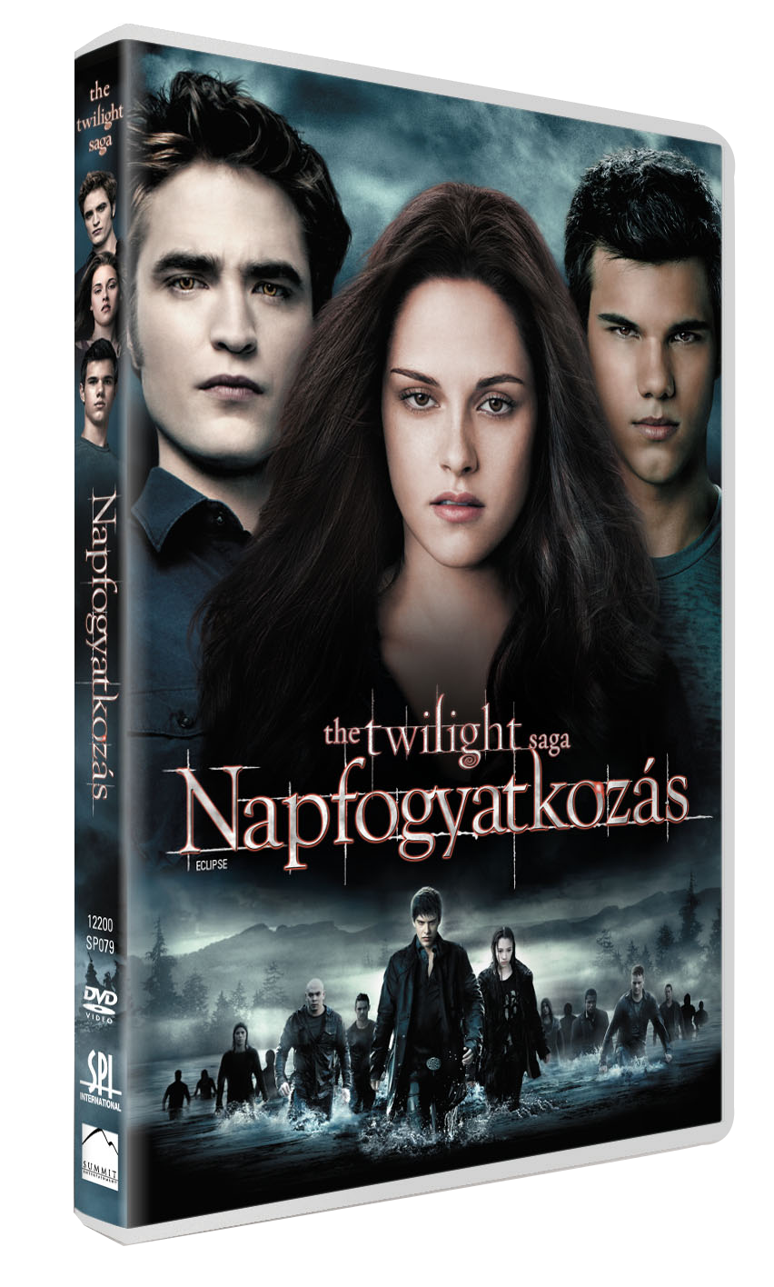 A Twilight Saga: Eclipse DVD borítója. Színészekkel és logóval, sötét színekben.