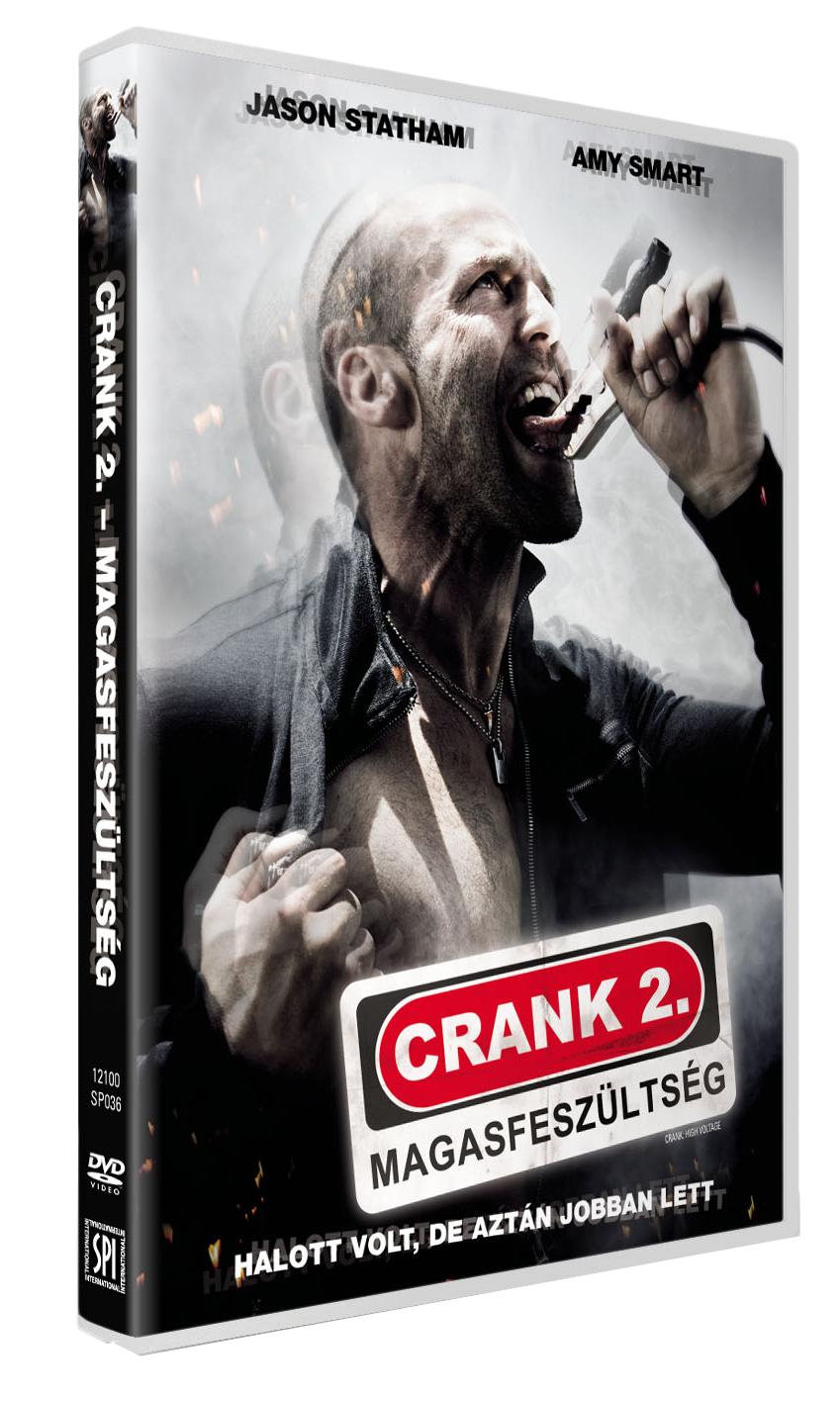 DVD borító. Jason Statham nyitott szájjal, drótokat tart. 'Crank 2' pirossal. Amy Smart.