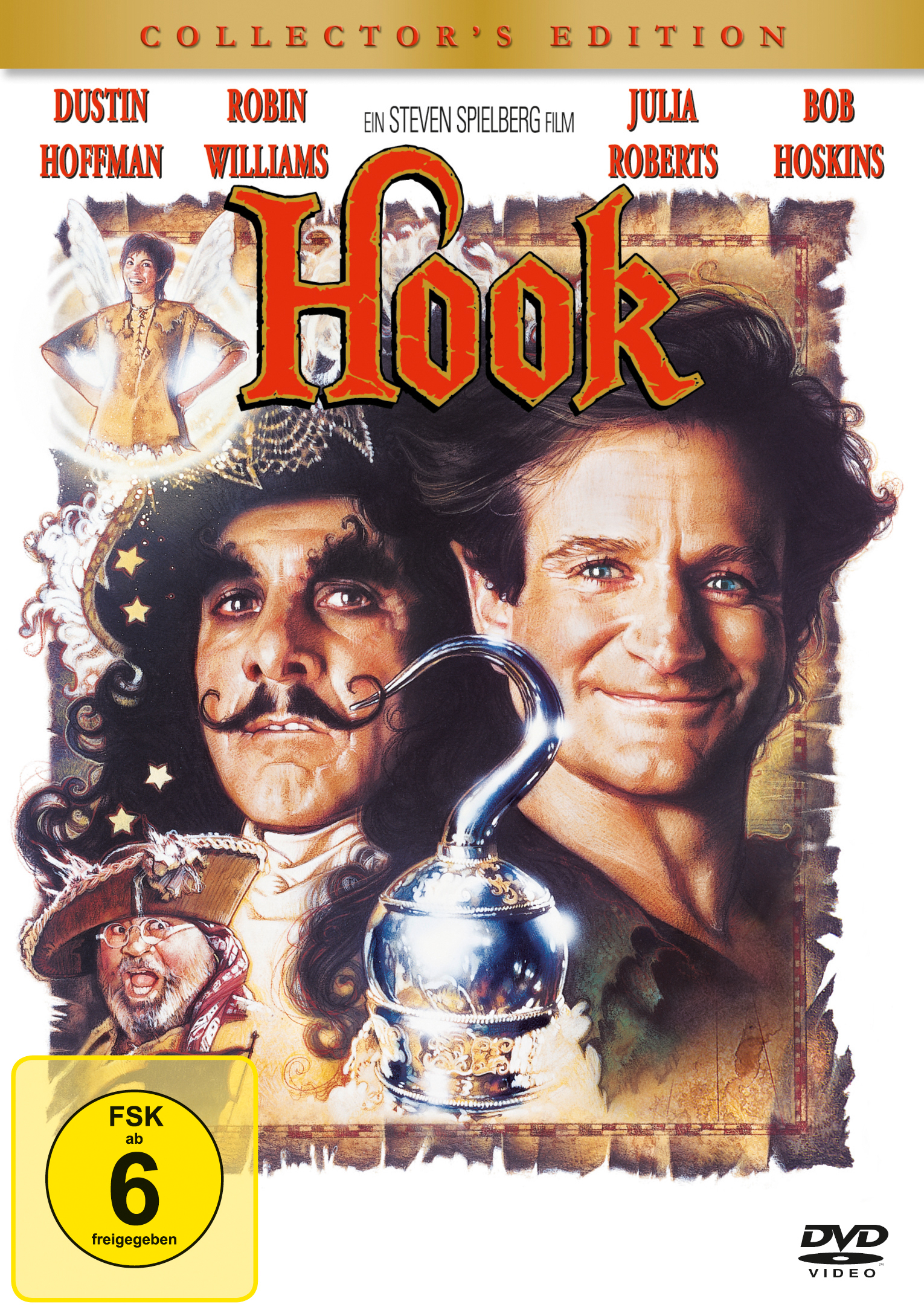 Filmcover mit mehreren Schauspielern, mit einem Piraten und einem Haken. Der Titel steht oben.