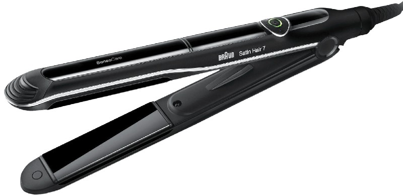 Schwarzes Braun Satin Hair 7 Glätteisen, geöffnet und angewinkelt.