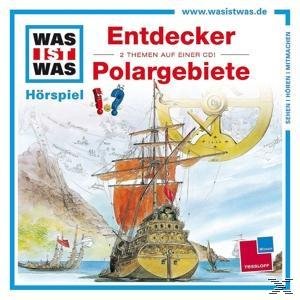 Buchcover: Illustration Polarregionen, Schiff, Kompass und Text. Titel: Entdecker Polargebiete. Blau und weiß.