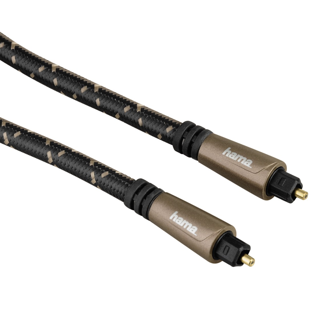 Optische audiokabel met zwart en bruin geweven design met goudkleurige connectoren.