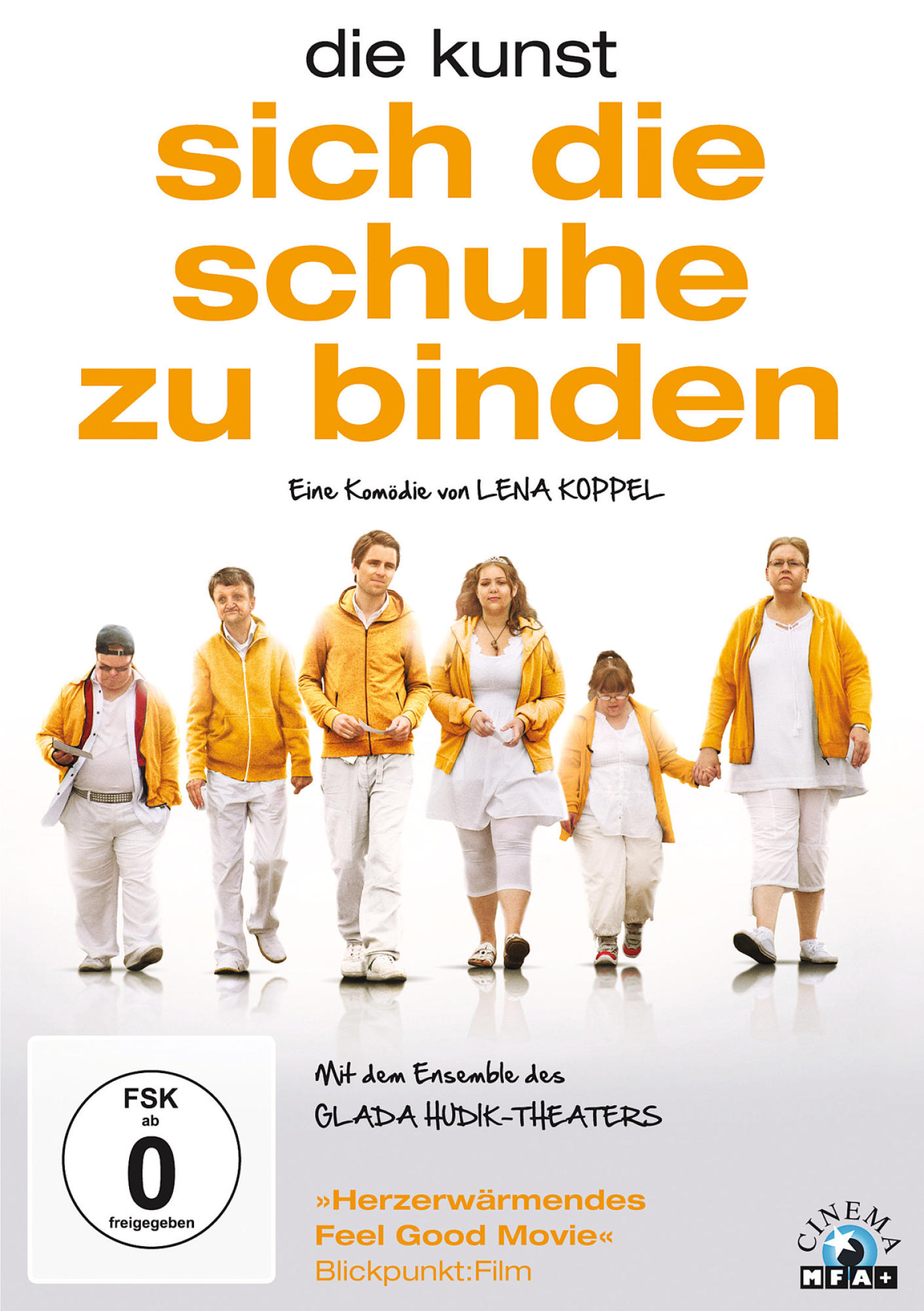 Filmplakat. Eine Gruppe von Leuten geht, gelbe Jacken tragend. Der Titel lautet 'Die Kunst, sich die Schuhe zu binden'.