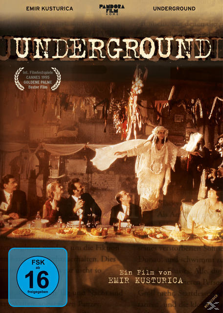 DVD-Cover für den Film Underground. Zeigt Menschen an einem Tisch und eine Frau in der Luft.
