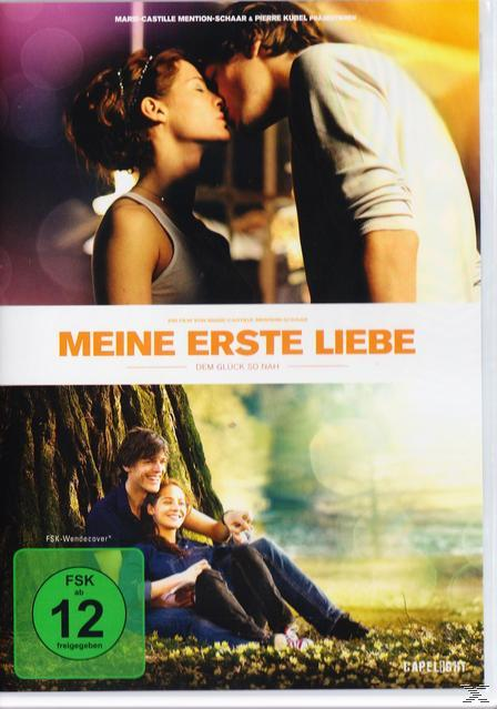 Meine erste Liebe DVD-Cover. Ein sich küssendes Paar und ein anderes Paar, das unter einem Baum sitzt. Romantische Szene.