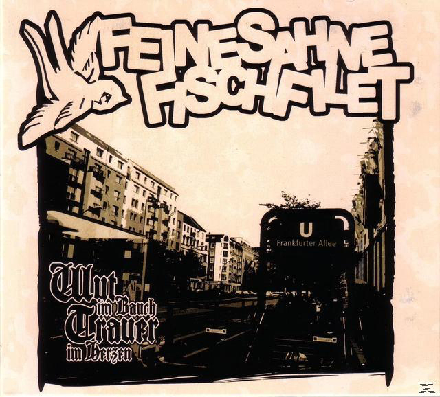 Albumcover mit Vogel, Stadtgebäuden und Text auf Deutsch.