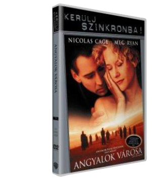 A City of Angels DVD borítója Nicolas Cage-dzsel és Meg Ryannel a borítón, és egy csoport ember alul.