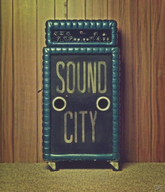 Ein türkis-schwarzer Sound City-Verstärker mit gelbem Schriftzug SOUND CITY. Holzwand dahinter.