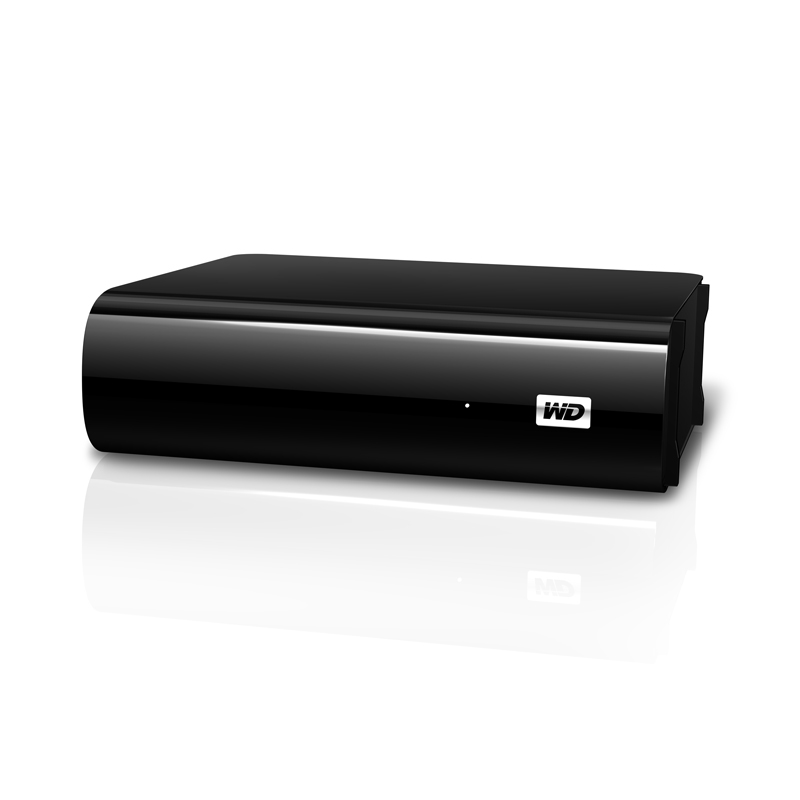 Schwarze, glänzende Festplatte mit WD-Logo, weißer Hintergrund.