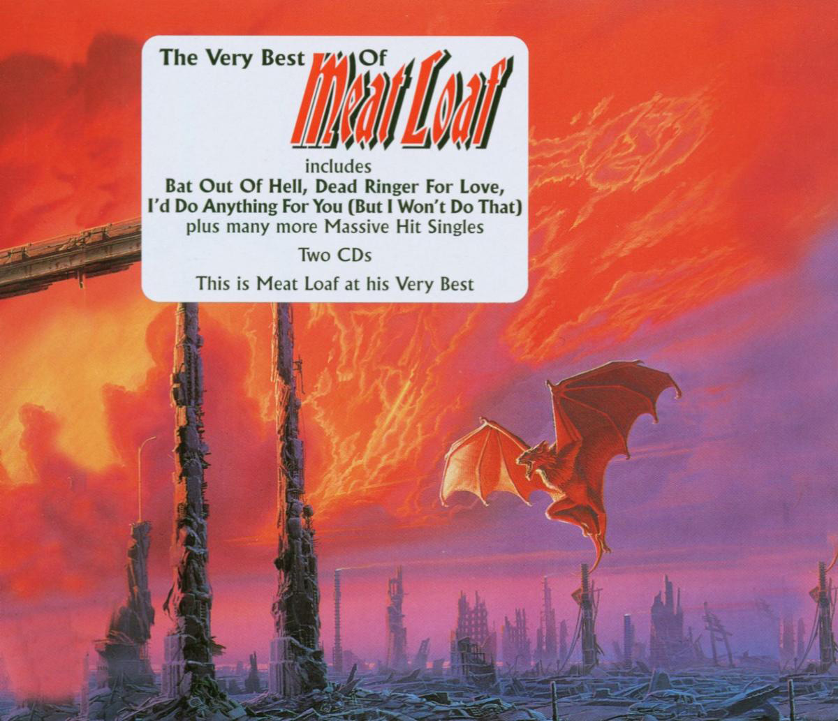 CD-Cover. Rote Fledermaus über der Stadt. Text: The Very Best of Meat Loaf.