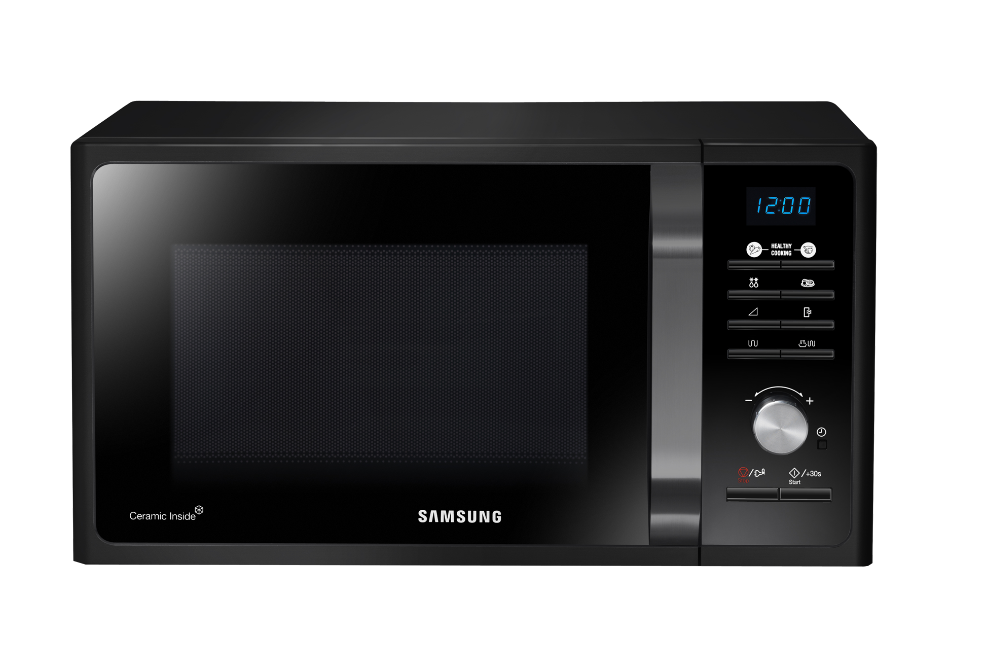 Fekete mikrohullámú sütő digitális kijelzővel és vezérlőpanellel, Samsung márka.