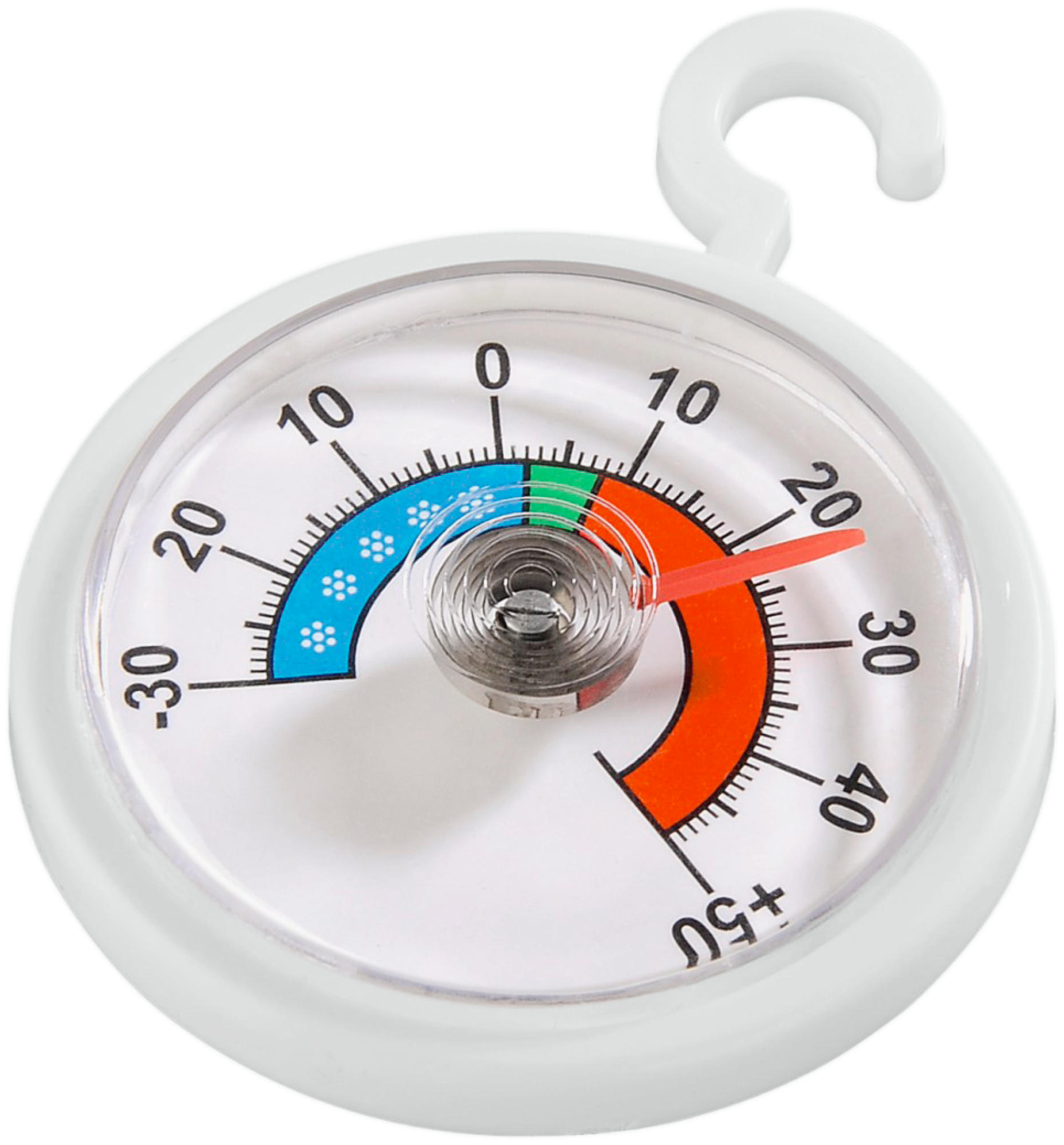 Ein weißes Thermometer mit Temperaturanzeigen, mit einer Aufhängeschlaufe.
