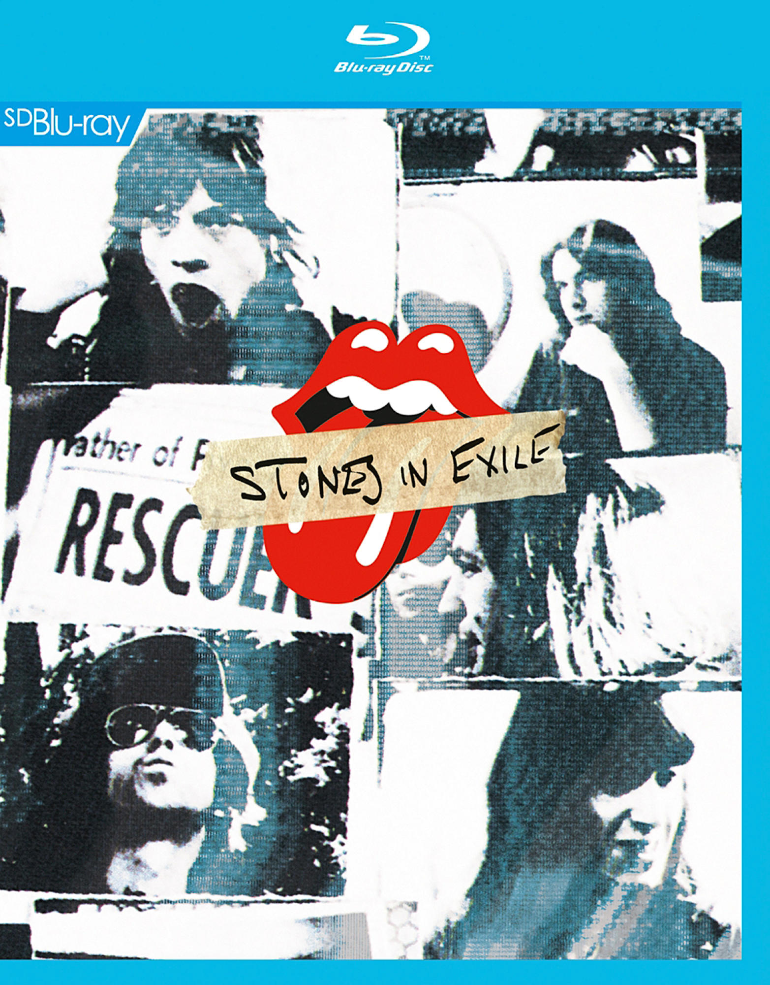 Blu-ray-Cover, Stones in Exile, Collage von Bandmitgliedern, rotes Rolling Stones Lippen-Logo.