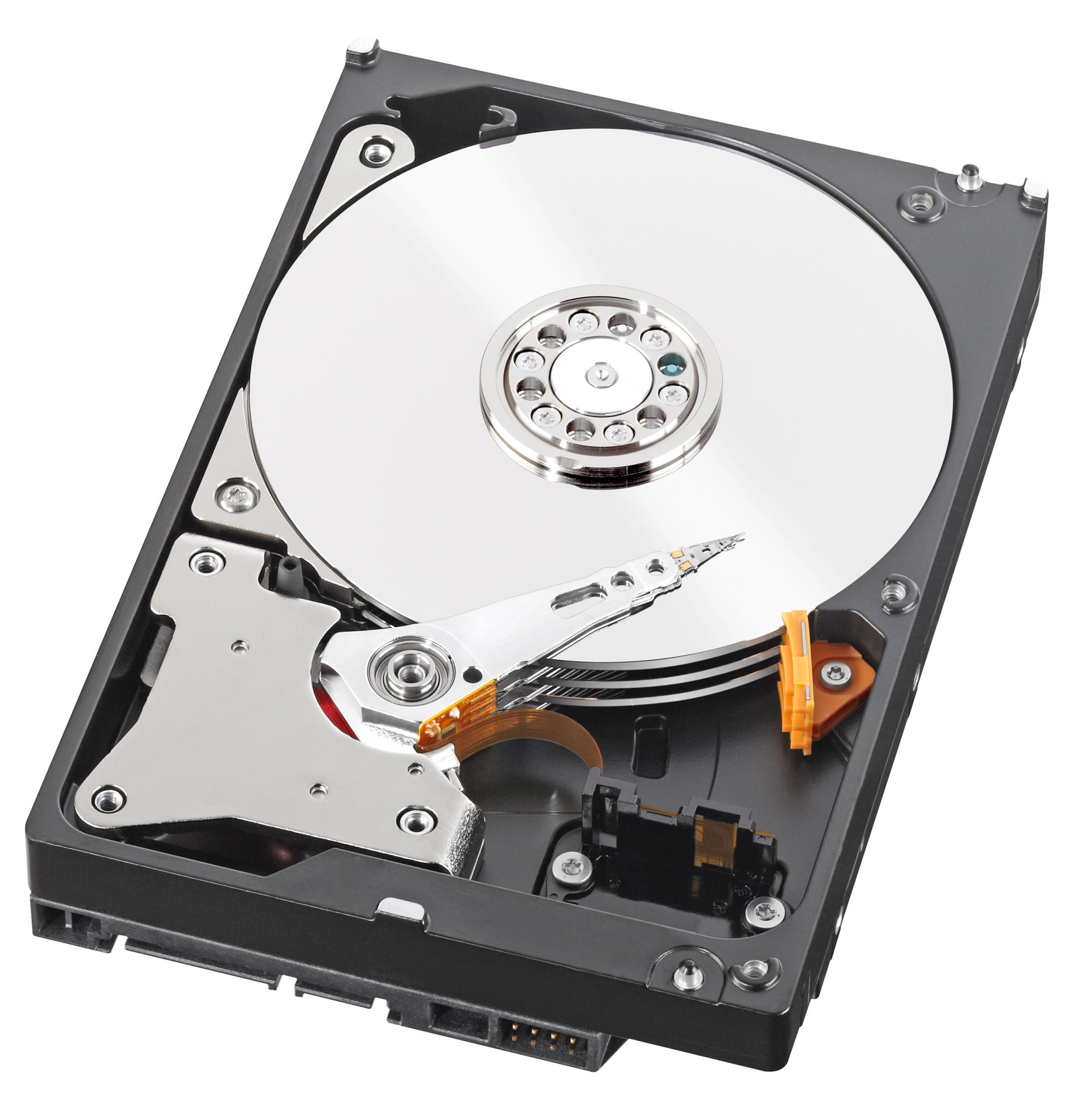 Disco rigido aperto che mostra i componenti interni. Disco d'argento e telaio metallico visibili.