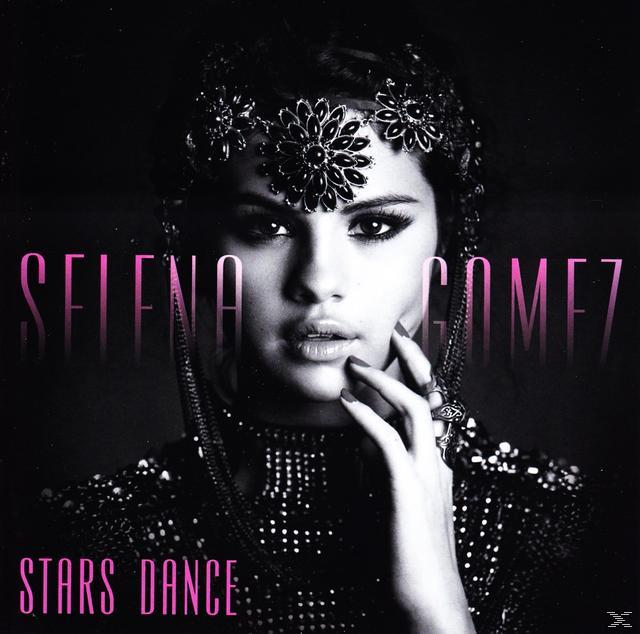 Selena Gomez Albumcover. Sie trägt ein geschmücktes Kopfstück und Oberteil. Der Titel 'Stars Dance' und ihr Name sind rosa.
