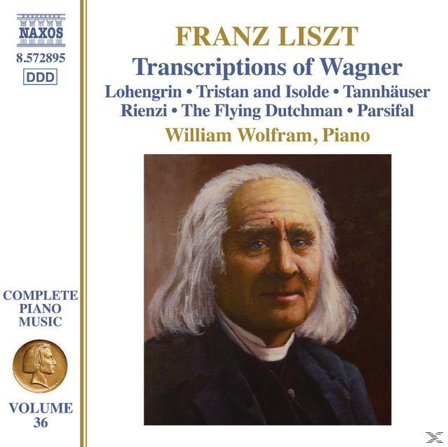 Albumcover: Franz Liszt, Klaviertranskriptionen von Wagner. Portrait, Text und goldfarbene Elemente.