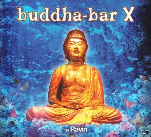Ein CD-Cover für 'Buddha-Bar X' mit einer goldenen Buddha-Statue in der Mitte. Der Hintergrund ist blau.