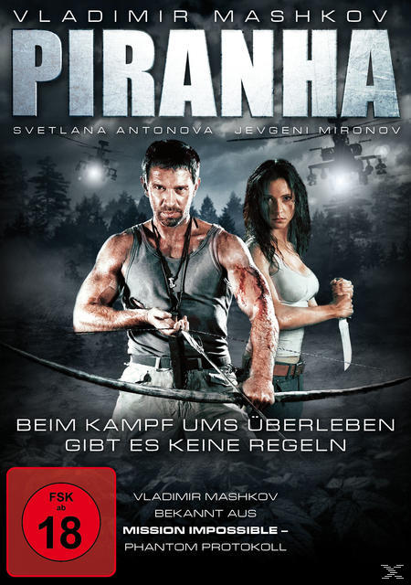 Filmcover: Zwei Personen, Mann mit Bogen, Frau mit Messer, Waldhintergrund, mit Text.