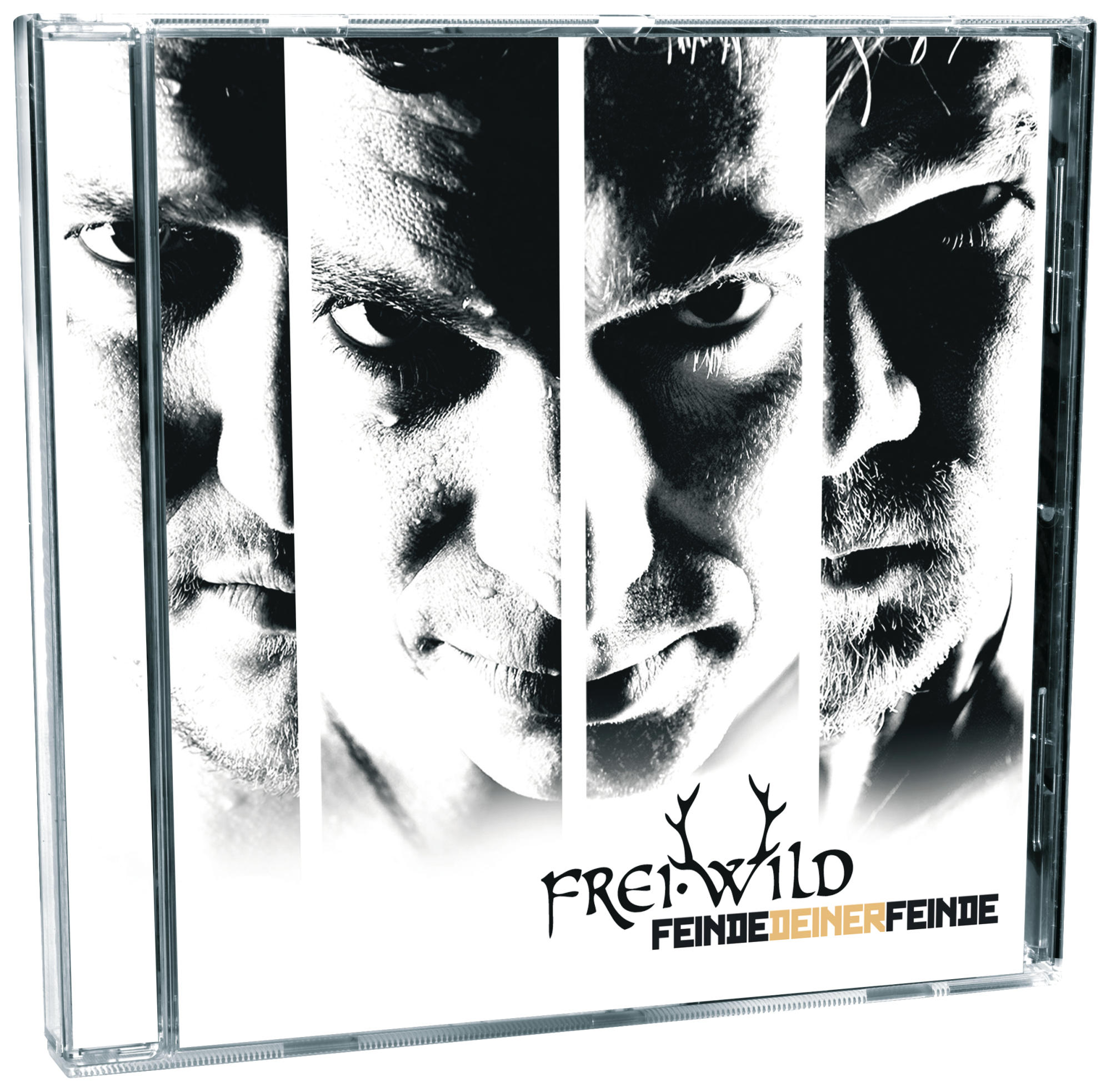 Albumcover mit vier Gesichtern in Schwarzweiß, Text: 'Frei.Wild' und 'Feinde deiner Feinde'.
