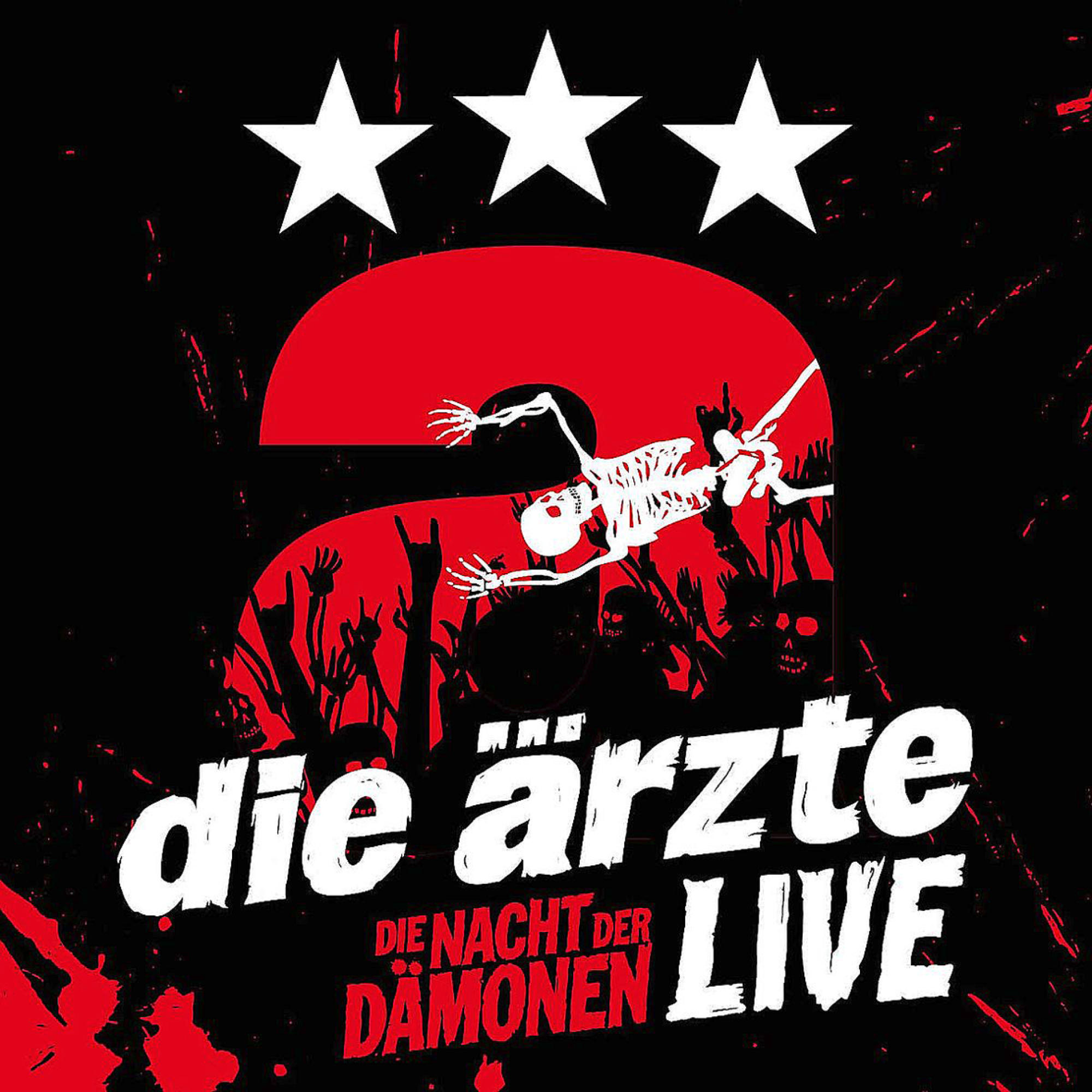 Albumcover: Rotes und schwarzes Design mit dem Text 'die ärzte die nacht der damonen LIVE'.