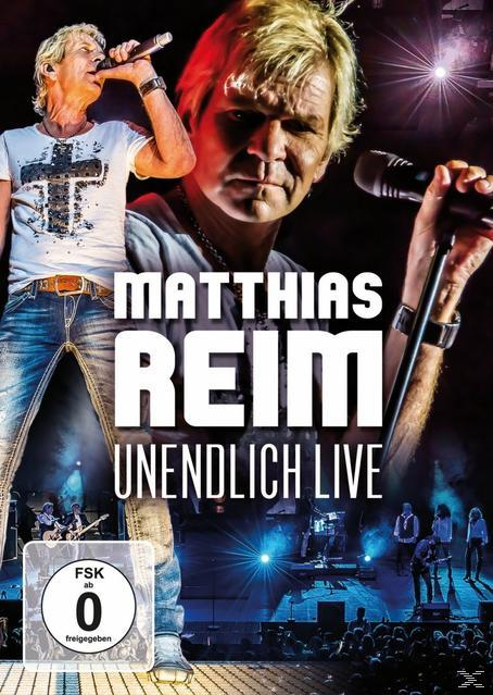 Ein Konzert-DVD-Cover mit einem Mann, der in ein Mikrofon singt, mit 'Matthias Reim' und 'Unendlich Live'.