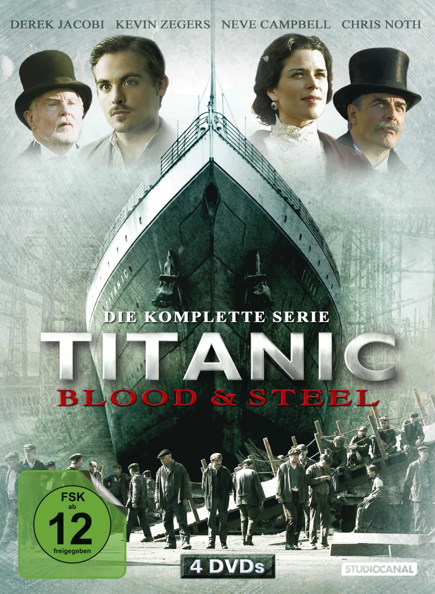 DVD-Cover von Titanic: Blood & Steel. Gesichter der Schauspieler oben, ein Schiff in der Mitte. Blau- und Grautöne.