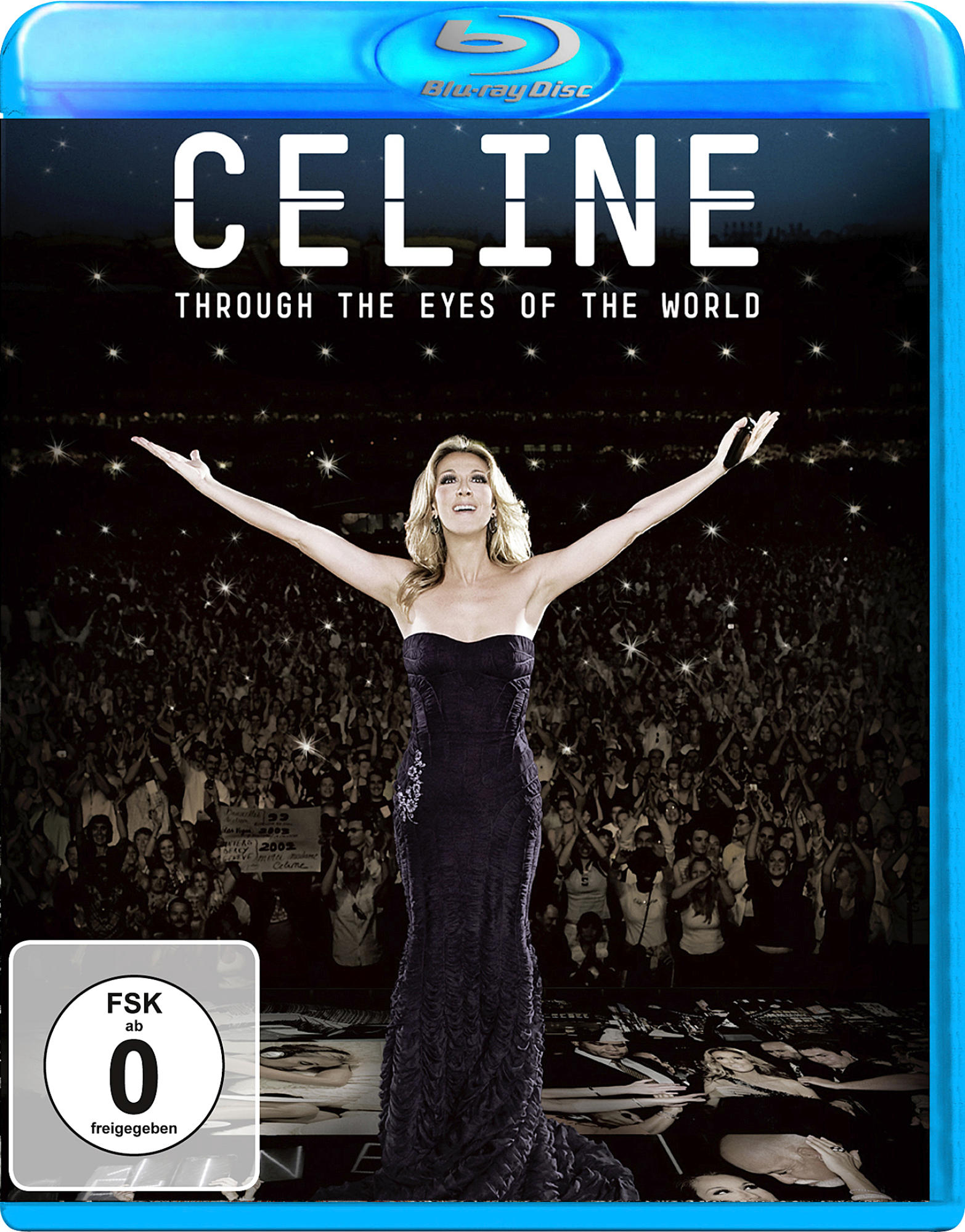 DVD-Cover von Celine: Through the Eyes of the World. Celine Dion steht im Zentrum mit erhobenen Armen vor einer Menschenmenge.