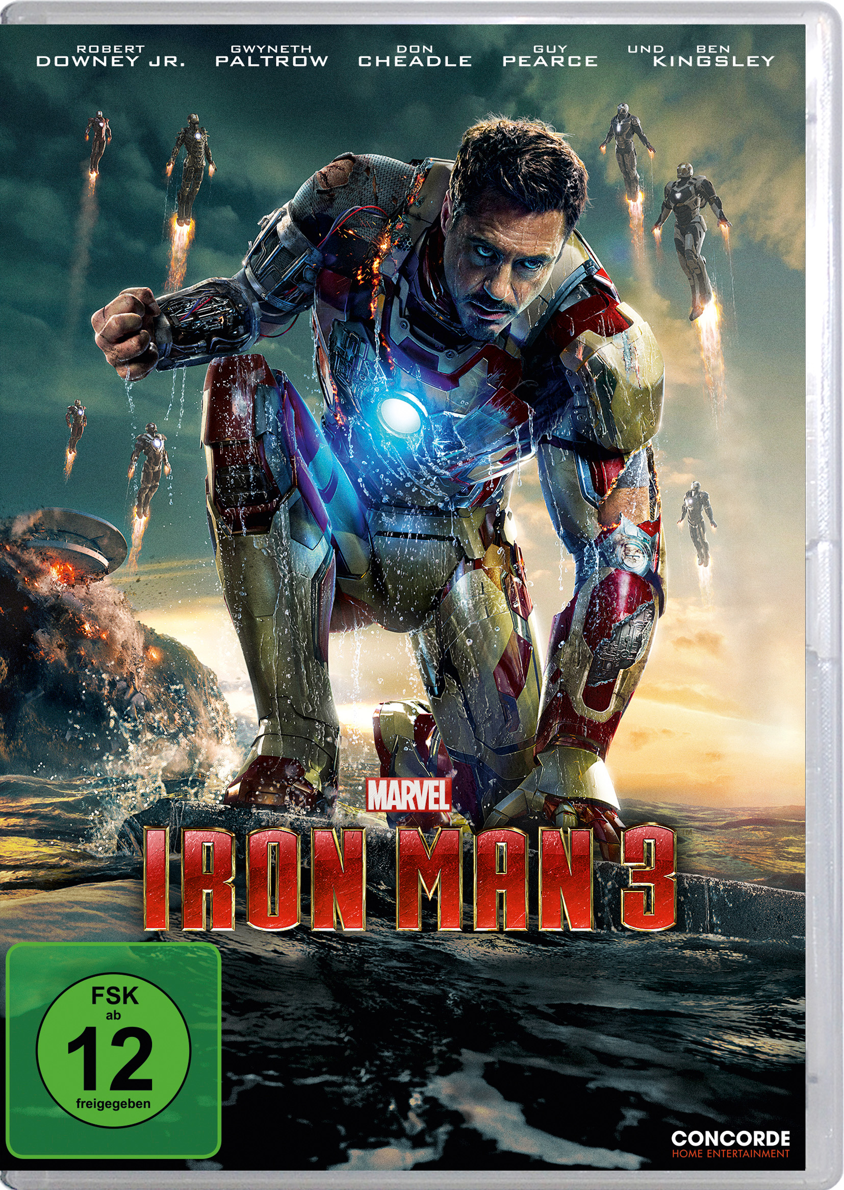 Iron Man 3 DVD-Cover mit Robert Downey Jr. und Iron Man in Aktion.