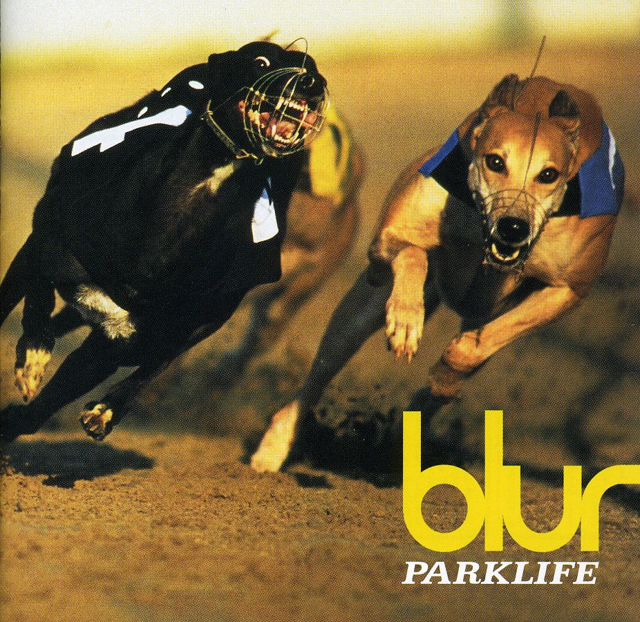 Blur album borító: Parklife. Két agár versenyez, sárga 'blur' szóval.