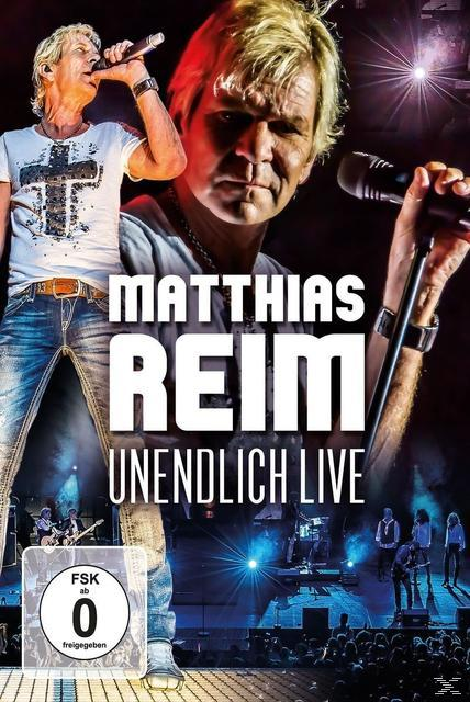 DVD-Cover von Matthias Reim Unendlich Live mit Matthias Reim am Mikrofon. Dunkler Hintergrund.