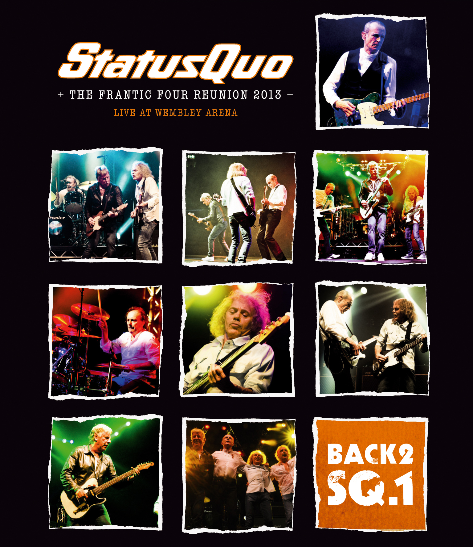 Albumcover mit Status Quo Bandmitgliedern, die auf der Bühne auftreten.