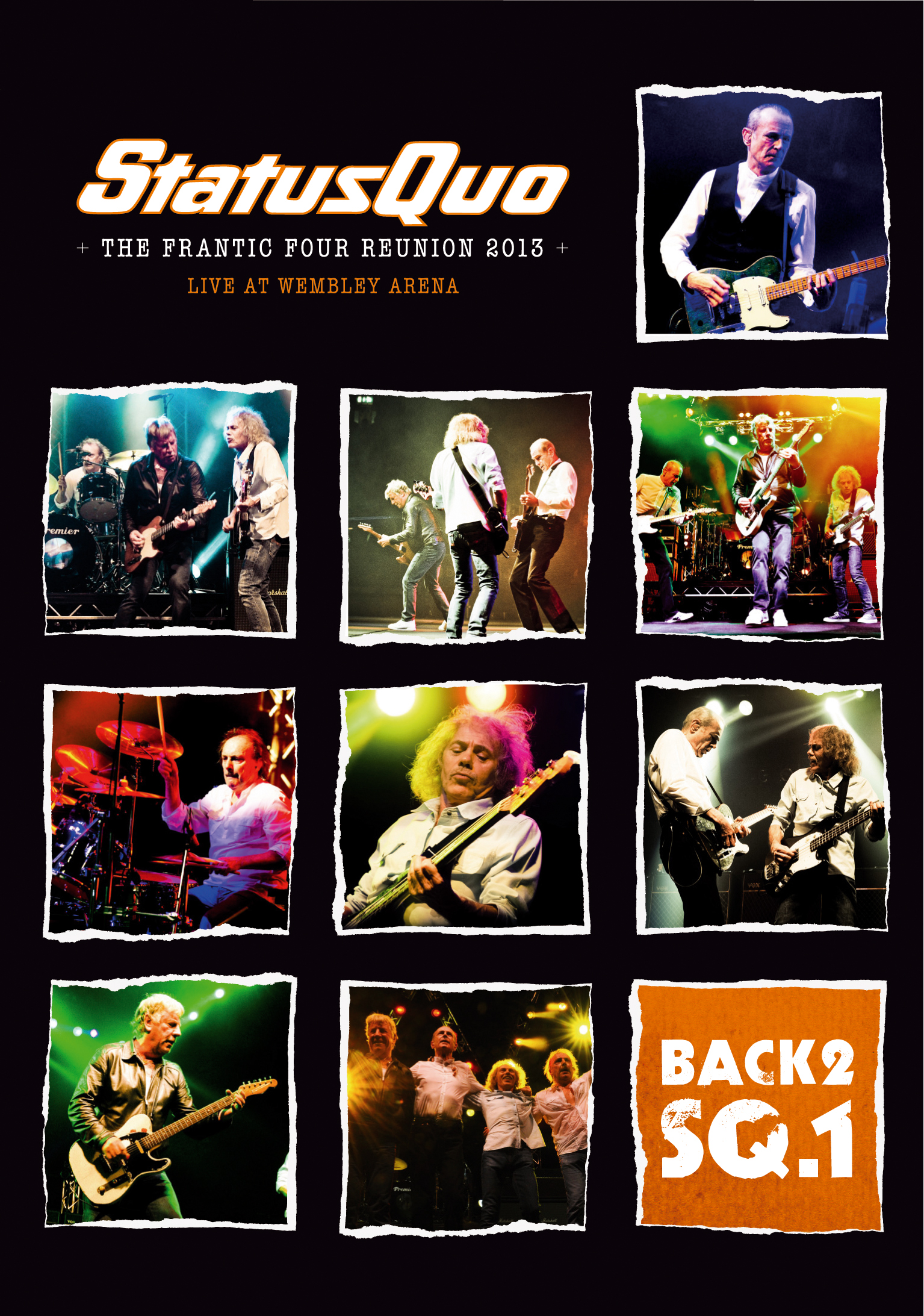 Status Quo Albumcover. Montage von Bandfotos auf der Bühne. Schwarzer Hintergrund mit weißem Titel.