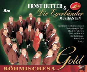 Albumcover mit einer Gruppe von Männern in Anzügen, roten Krawatten und einer Frau in einem Kleid. Text: Ernst Hutter & Die Egerländer Musikanten.