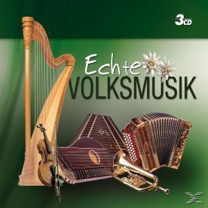 CD-Cover. Instrumente auf grünem Hintergrund. Harfe, Geige, Zither, Akkordeon, Trompete. Text: 'Echte Volksmusik'.